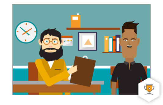 Illustration of two men in an office setting, collaborating on award-winning campaigns; one with glasses and a beard holds a clipboard at his desk while the other stands and smiles. Office decor includes a clock, shelves, and books.