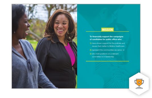 Two women walk outdoors, smiling and talking. Next to them, text titled “Mission” highlights a commitment to supporting political candidates aligned with Molina Healthcare’s values and communities, featuring a trophy icon for award-winning campaigns.