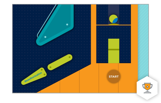 A colorful pinball game illustration with teal and yellow paddles, a blue triangle bumper, a green ball, and an orange START button. The word Reauthorization is on one paddle. Inspired by award-winning campaigns, a trophy icon is in the bottom right corner.