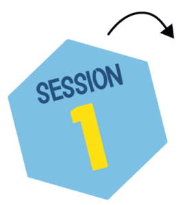 A blue hexagon features the words SESSION 1 (SESSION in blue, 1 in large yellow text) with a black curved arrow pointing right above it—part of the 2024 Ask Bee Anything series.