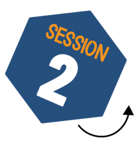 A blue hexagon with the word SESSION in orange above a large white number 2, representing Series 2024. A curved arrow appears at the bottom right of the shape.