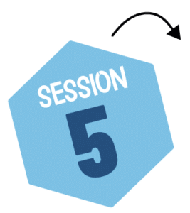 A blue hexagon features the word SESSION in white, a bold dark blue number 5 below, and a curved black arrow pointing right above—an announcement for the Ask Bee Anything Series 2024.