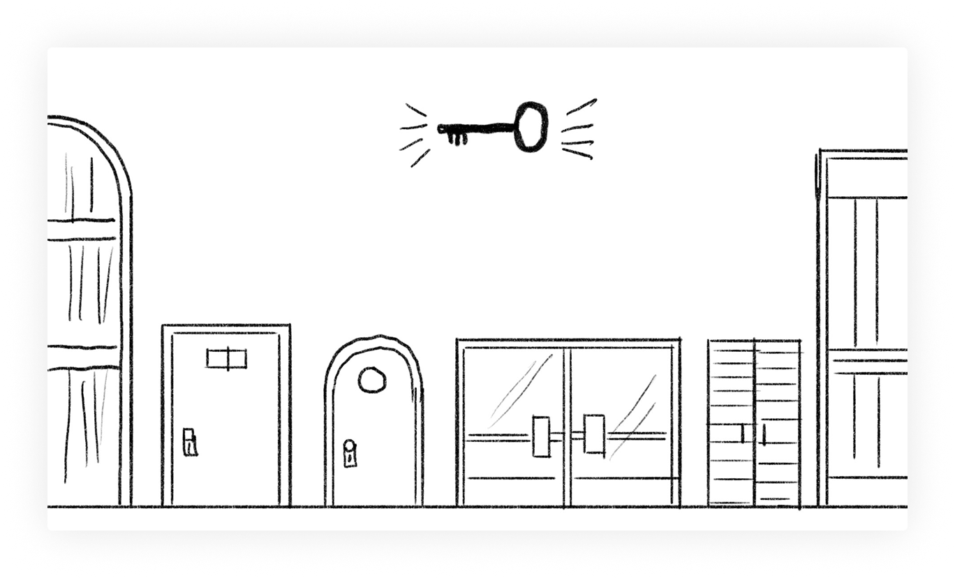 Sketch illustration of key floating above doorways in a variety of shapes and sizes