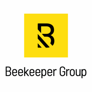 A yellow square with a stylized black letter B and a diagonal line inside it, above the text Beekeeper Group in black on a white background, reflects brand evolution and keeps your organization brand buzzing.