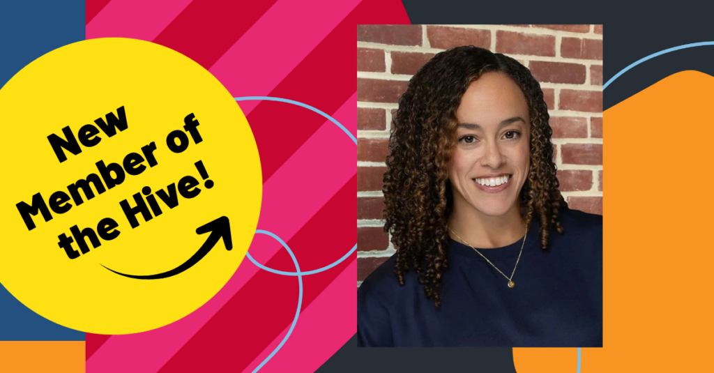 Portrait of Lauren Tyler, next to a graphic with colorful shapes and a yellow circle that reads, New Member of the Hive!—part of the Fall updates from Beekeeper Group.