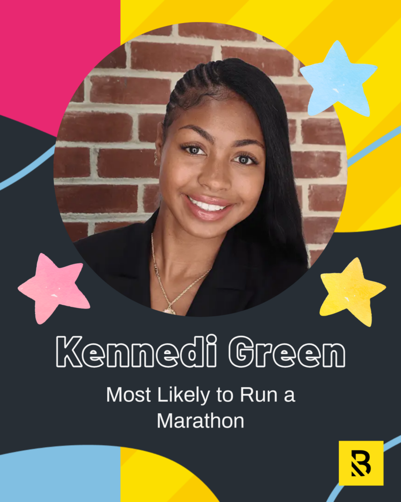A smiling woman with long dark hair, wearing a black blazer and necklaces, is pictured in front of a brick wall. Colorful stars and geometric shapes decorate the background. Text reads: Kennedi Green—Staff Superlatives: Most Likely to Run a Marathon.