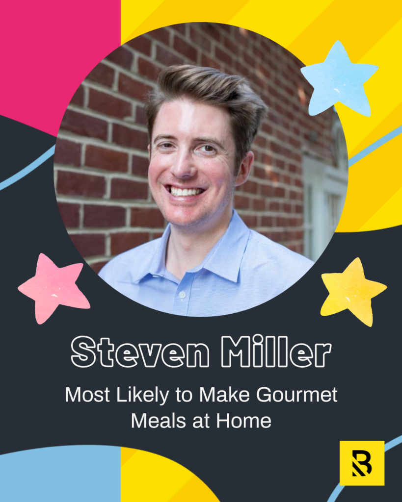 A smiling person with short brown hair in a light blue shirt stands in front of a brick wall. The text reads: Steven Miller - Most Likely to Make Gourmet Meals at Home. Colorful stars and shapes decorate this Staff Superlatives background.