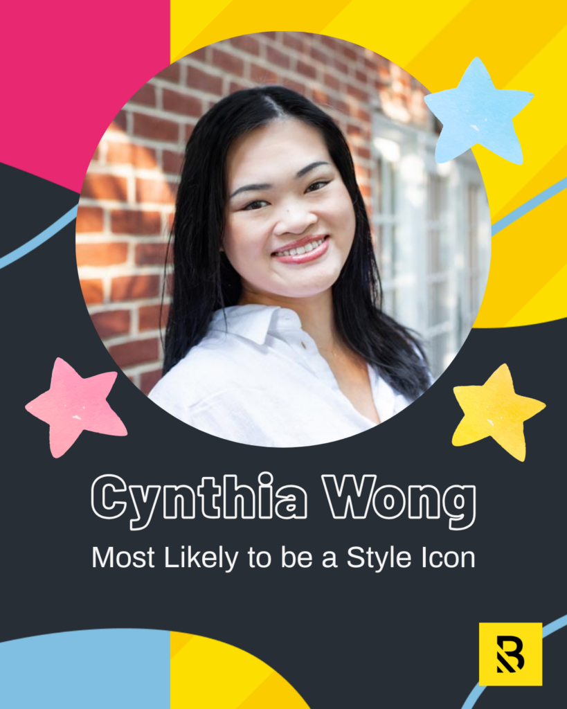 A woman with long dark hair smiles in front of a brick wall. The design features colorful stars and shapes, with the text: Cynthia Wong – Most Likely to be a Style Icon, part of our Staff Superlatives recognition at the bottom.