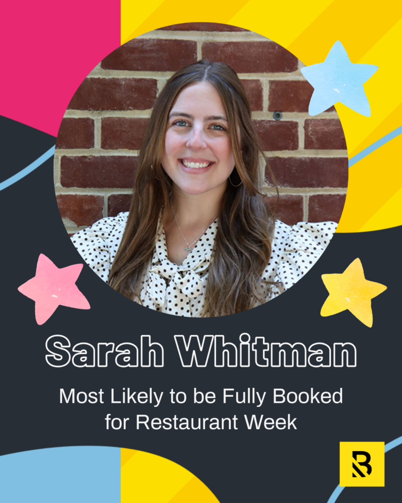 A woman with long brown hair, wearing a white polka dot blouse, smiles in front of a brick wall. Text reads: Sarah Whitman, Staff Superlatives—Most Likely to be Fully Booked for Restaurant Week. Colorful stars and shapes decorate the image.