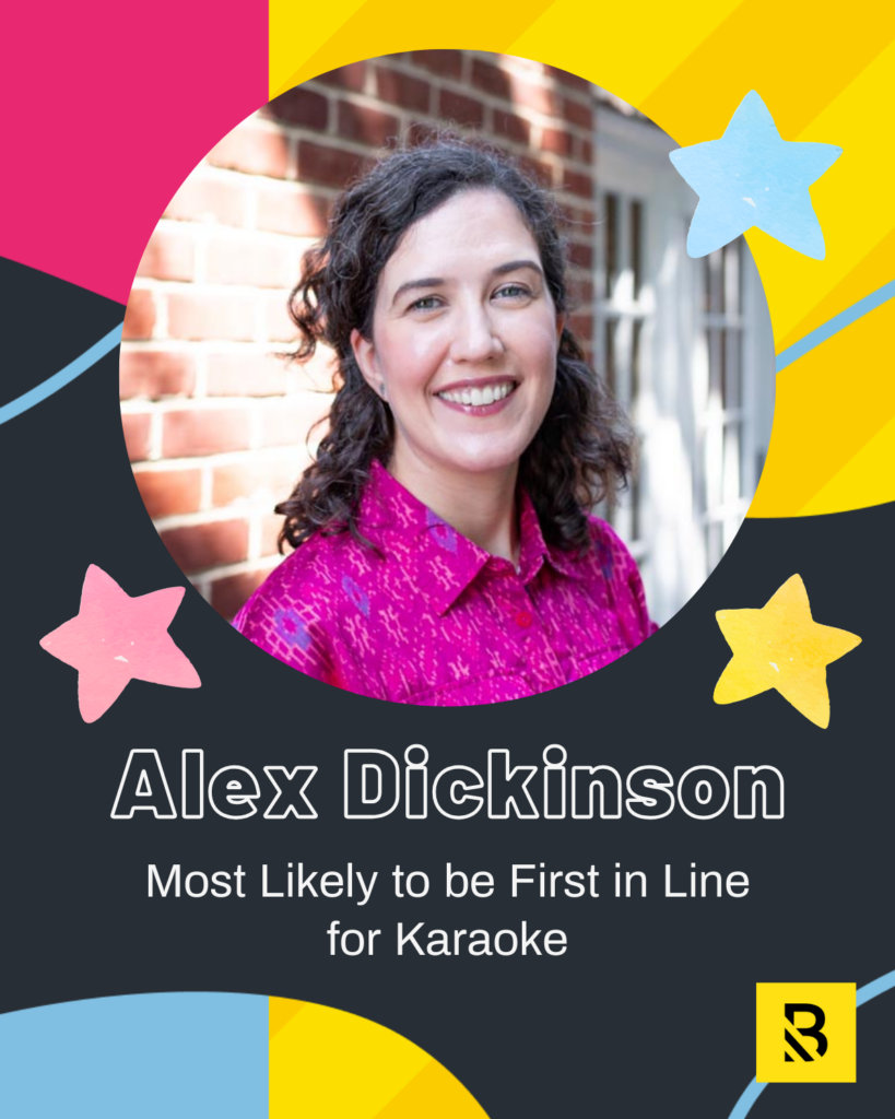 A woman with curly dark hair, wearing a bright pink patterned shirt, smiles in front of a brick wall. The graphic reads “Alex Dickinson: Most Likely to be First in Line for Karaoke” for Inside the Hive Staff Superlatives, with colorful stars and shapes.