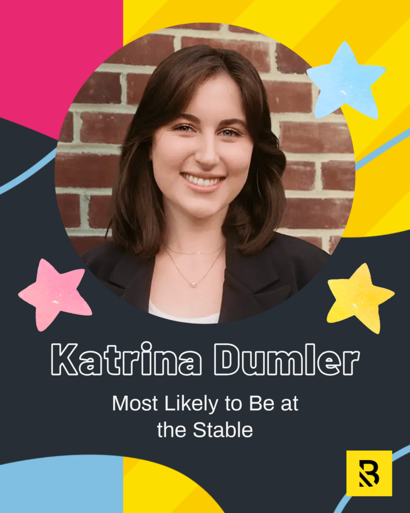 A young woman with shoulder-length brown hair smiles in front of a brick wall. The design features colorful stars and shapes, Staff Superlatives text: Katrina Dumler - Most Likely to Be at the Stable, and a yellow R logo at the bottom.