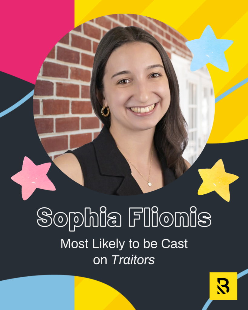 A smiling woman with long brown hair stands in front of a brick wall. Text below reads, Sophia Flionis, Staff Superlatives: Most Likely to be Cast on Traitors. Colorful stars and abstract shapes decorate the background.