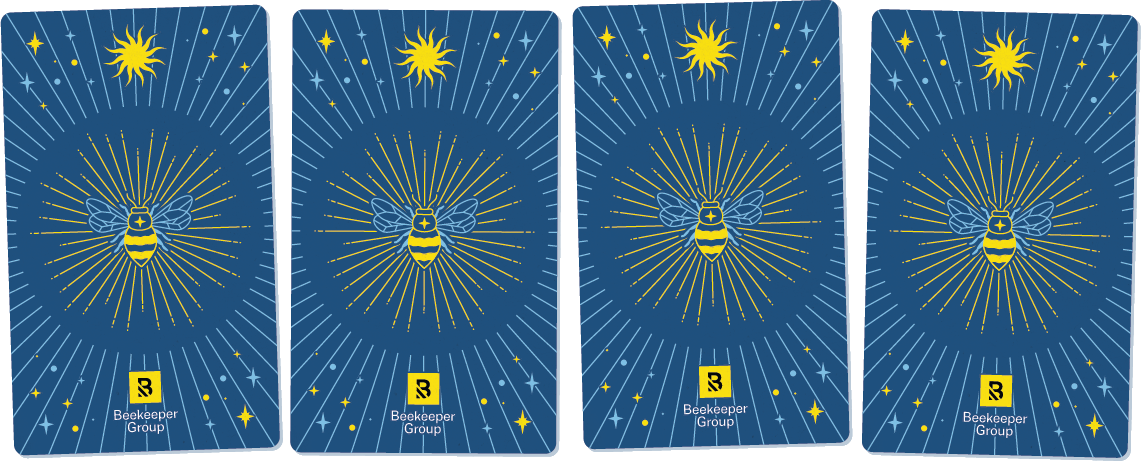 CardBacks_NoBG@2x Four playing cards laid face down, each with a blue background featuring a yellow bee with radiating lines, small stars, a sun at the top, and the Beekeeper Group logo at the bottom—an artful nod to A Guide to Navigating AI.