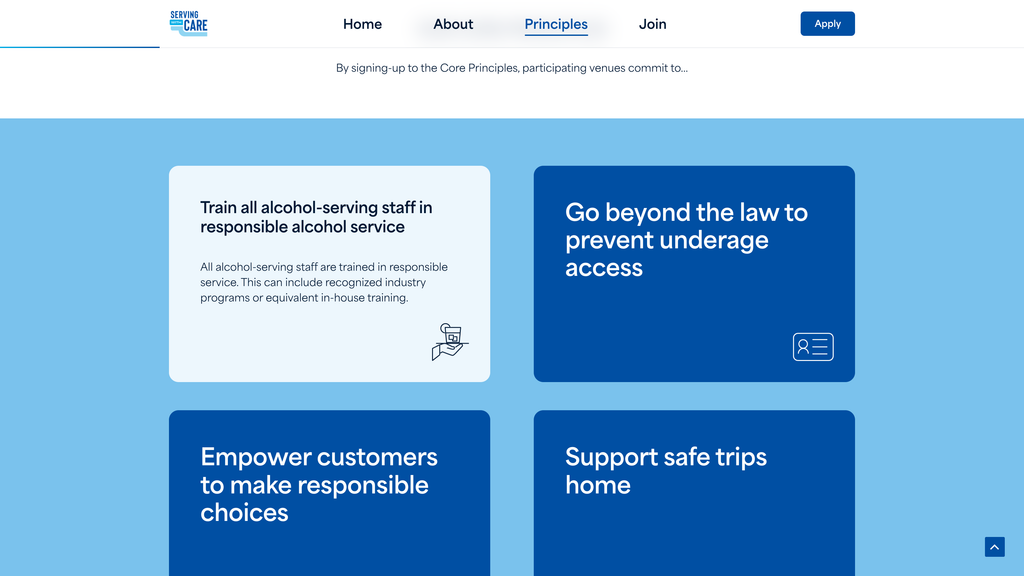 swc_principles Four blue and white boxes display principles: training alcohol-serving staff, preventing underage access, empowering responsible choices, and supporting safe trips home—all part of serving with care inspired by Responsibility.org. The navigation bar and an Apply button are at the top.